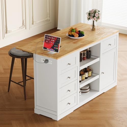 Kitchen Island with Charging Station Wood Kitchen Cart with Drawers Cabinet |...