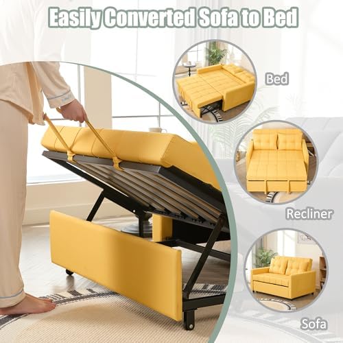 GOSUHI 52" 3-in-1 Convertible Sleeper Sofa Bed, Linen, Yellow | Pull-Out...