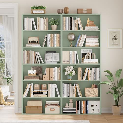 FOTOSOK 6 Tier Tall Bookshelf and Bookcase with Open Display Shelves, Green