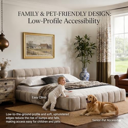 Chenille Fabric Upholstered Platform Bed Frame with Soft Headboard, Modern Lo...
