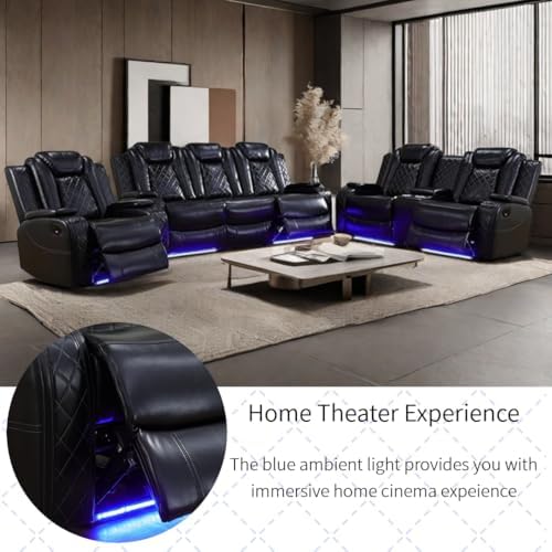 Power Recliner Set with LED Lights, Air Leather Reclining Set with USB Port/W...