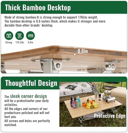KingCamp Adjustable Height Bamboo Folding Camping Table with Storage