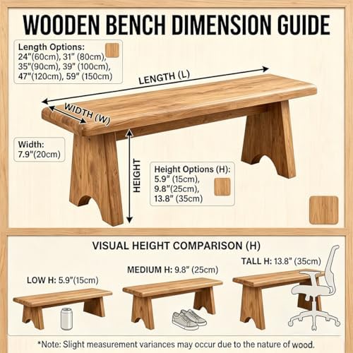 Solid Wood Bench, 24" 31" 35" 39" 47" 59" Rusti...