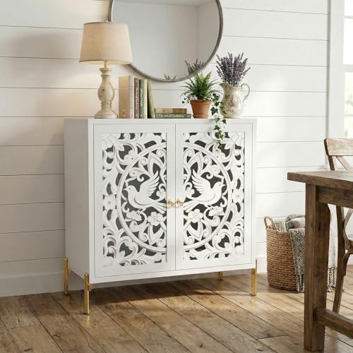 DHZ Accent Cabinet with Doors, Hollow-Carved Pattern Buffet Cabinet with Stor...