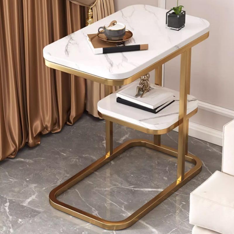 End Table, Modern Marble Side Table Sofa Table with Storage Shelf, Narrow Nig...
