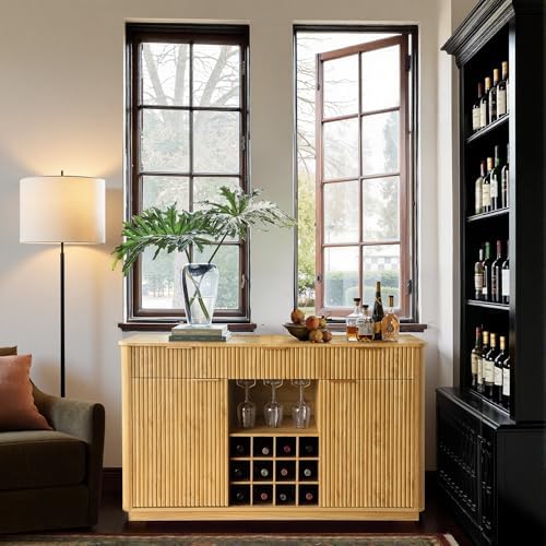 win2win 59" Fluted Sideboard, Wine Bar Cabinet with Faux Marble Top, Oak