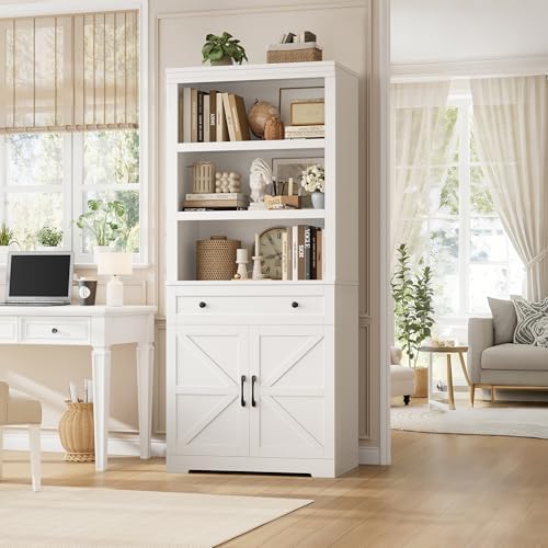 HOSTACK 72"H Bookshelf with Storage, Tall Bookcase with Deep Cabinet, White