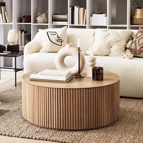 Minimalist Solid Wood Drum End Table, Fluted Round Design, Fully Assembled Ni...