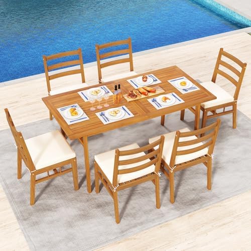Tangkula 7 Pieces Patio Acacia Wood Dining Set, Outdoor Heavy Duty Rectangula...