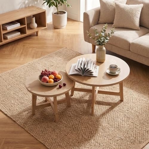 Set of 2 Round Nesting Coffee Tables, Natural Wood Finish Modern Side Tables,...