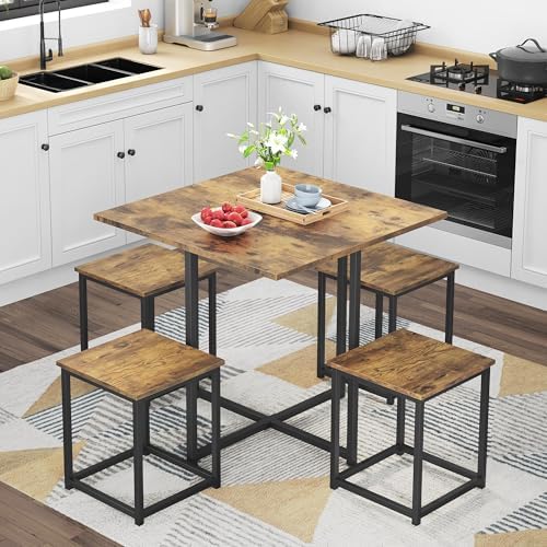 Yaheetech, Kitchen Table and Chairs Set for 4, Space Saving, Rustic Brown