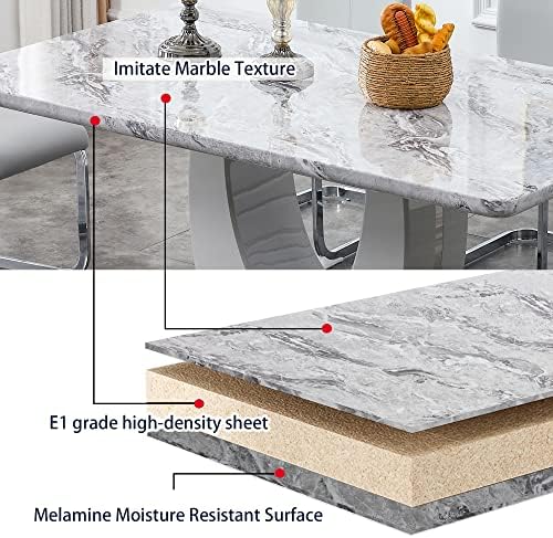 JUFU 7-Piece Dining Table Set for 6, 63-Inch Faux Marble Table