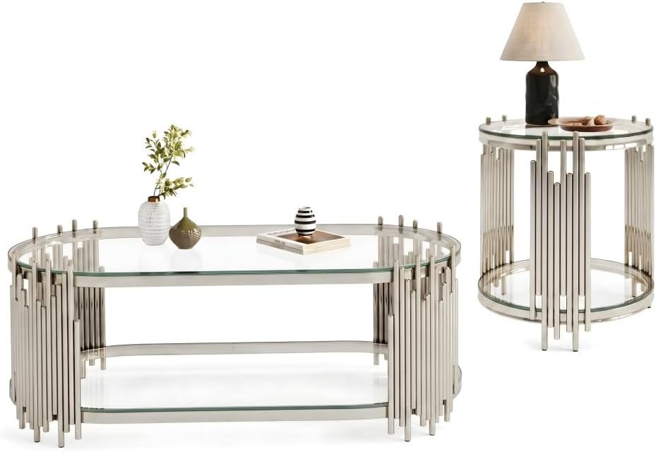Oval Coffee Table and Round Side Table Set of 2, 2-Tier Clear Tempered Glass ...