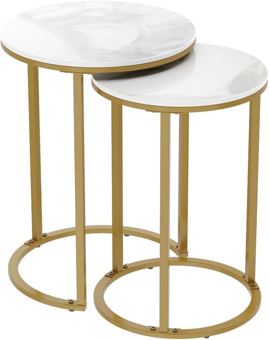 Set of 2 Modern Round Marble Metal Base Nesting Set Side Accent Table Living ...