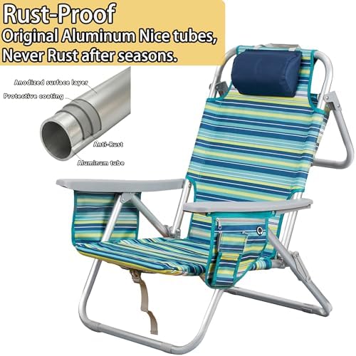 Aluminum Backpack Low Profile Beach Chair - 5-Position Lay Flat Reclining Fol...