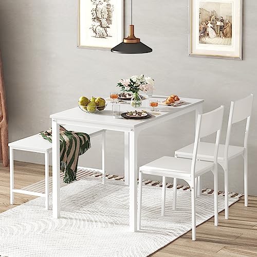 soges Kitchen Table Set for 4, Off White Nesting Table with Chairs & Bench
