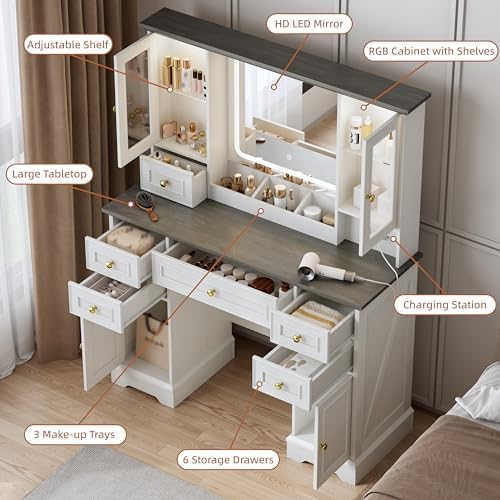 Vanity Desk with Mirror & Lights, Makeup Vanity with Power Outlet & U...