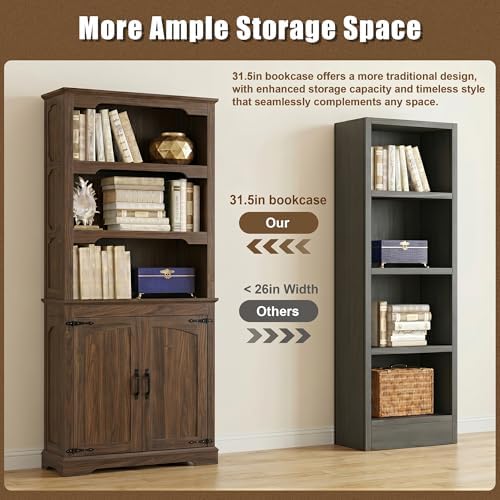 70”Walnut Bookcase Bookshelf, 5-Tier Farmhouse Bookcases with Doors