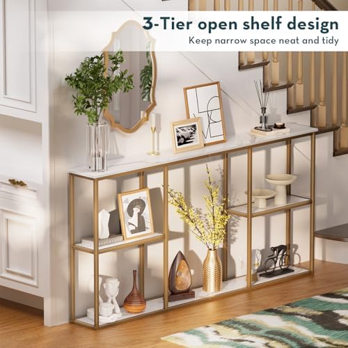 WOHOMO 63 in Entryway Table Modern Sofa Table with Shelves White Gold | 12 In...