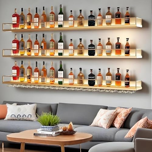 Metal Wall Mounted Wine Rack with LED Light, 3 Tiers Liquor Bottles Floating ...