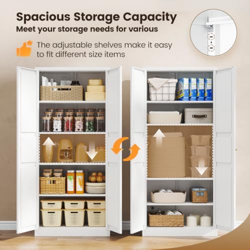 Yizosh Metal Storage Cabinet - 71" White Kitchen Pantry with 2 Doors and...