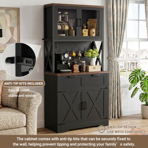 Unikito 71" Kitchen Pantry Cabinet with LED Light & Outlet, Microwav...