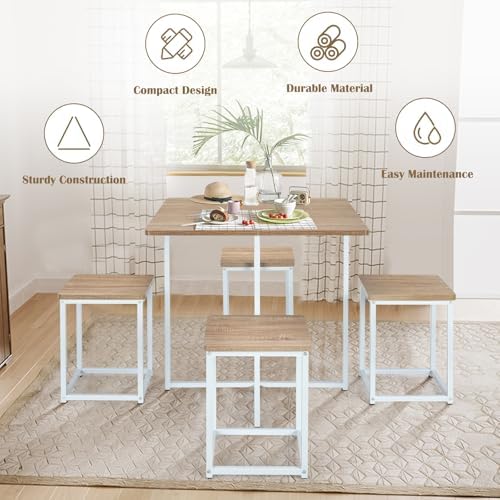 GIANTEX Dining Table Set for 4, Metal Frame, Space-Saving (Natural & White)
