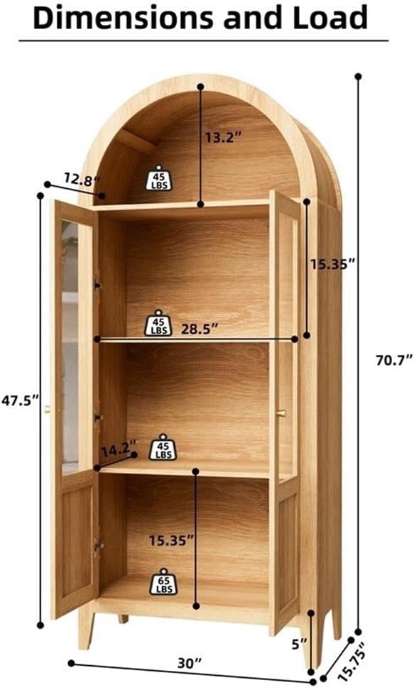 Light Brown Tall Arched Cabinet with Glass Doors Storage Cabinet Engineered W...
