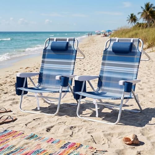 Beach Chair 2 Pack Aluminum 5 Positions Lay Flat Mesh Fabric Folding Beach Re...