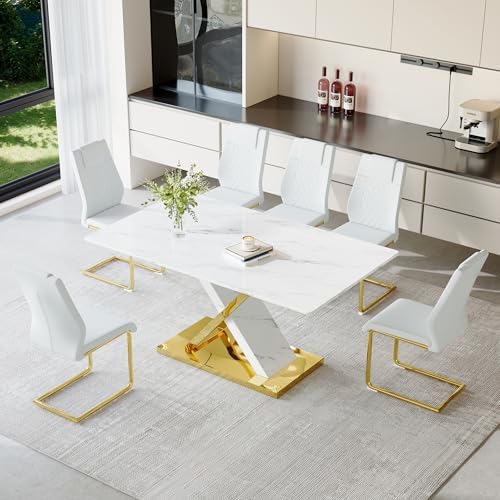 YUNDREAM Modern Marble Dining Table Set for 6,White Gold 63'' Dining ...