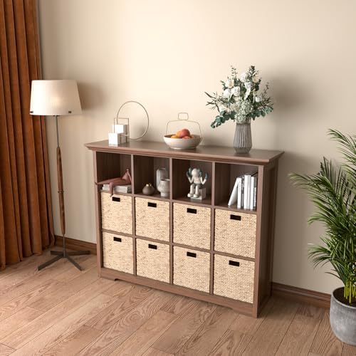 OSCHF 12-Cube Open Bookcase with Base, 3-Tier Wooden Bookshelf, Walnut