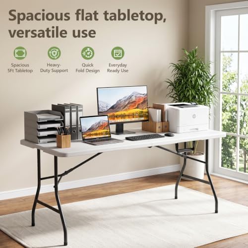 5FT Folding Table and Chairs Set for 4, Portable 5-Piece Folding Dining Set w...