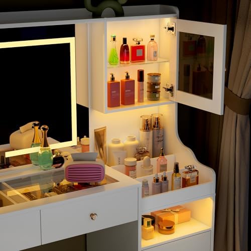 wanan 62" Large White Vanity Desk with Glass Top, Makeup Vanity with Mir...