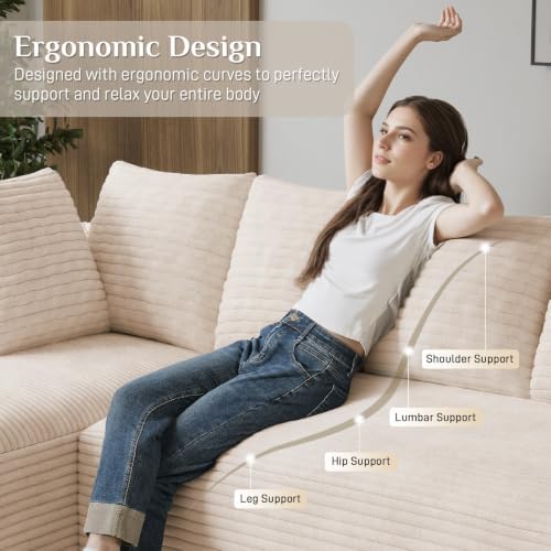ONEMMLION 131" Oversized Cloud Couch Sofa with Chaise, Beige | Corduroy,...