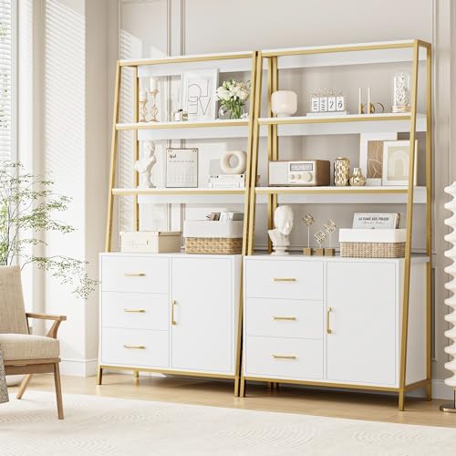 HITHOS White Gold Bookshelf, 69" H Ladder Book Shelf with Drawers & ...