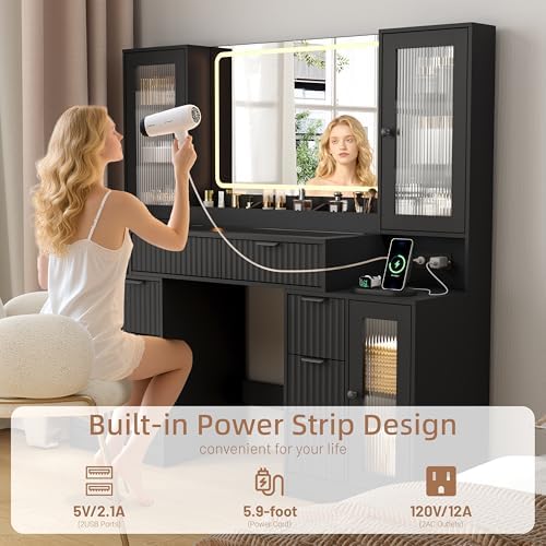 55" Vanity Desk with Mirror & Lights, Fluted Makeup Vanity with 8 Dr...