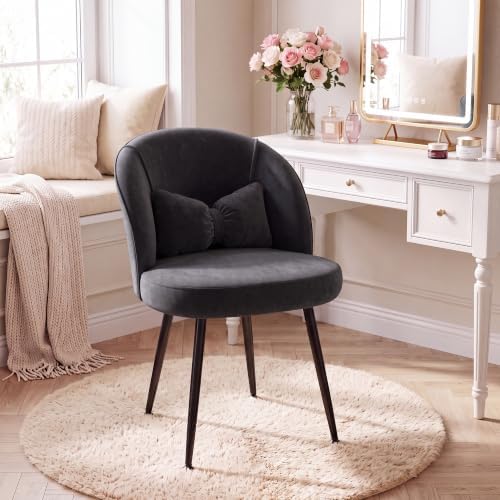 Homkdom Velvet Vanity Chair with Bow Pillow, No Wheels, Black