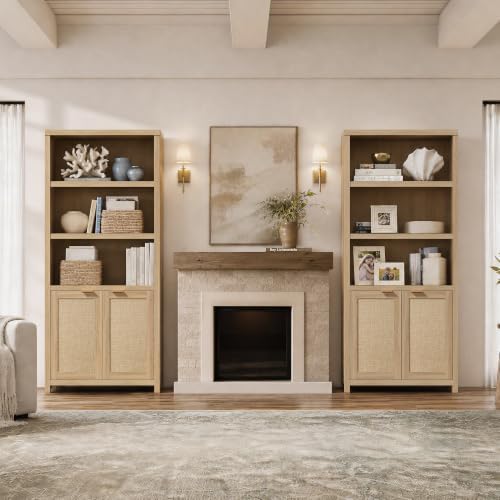 SICOTAS 71" Tall Bookcase 5 Tier Rattan Bookshelf with Doors for Library