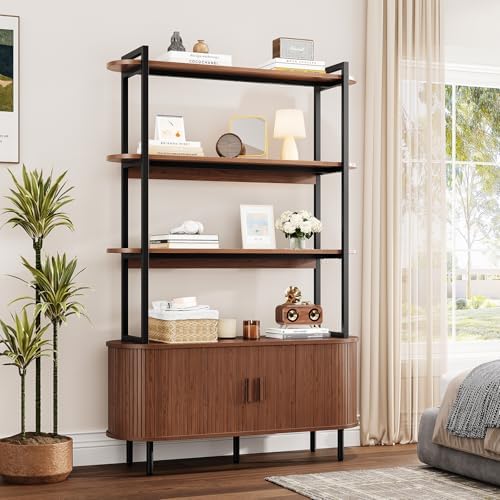 ComfyCorner 4 Tier Bookshelf with Cabinet, 71" Tall Display Bookcase Walnut