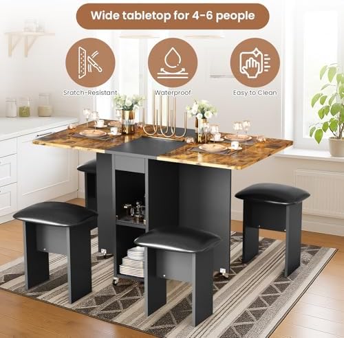 AWQM Folding Dining Table Set for 4, Storage Folding Table & Chair, Walnut