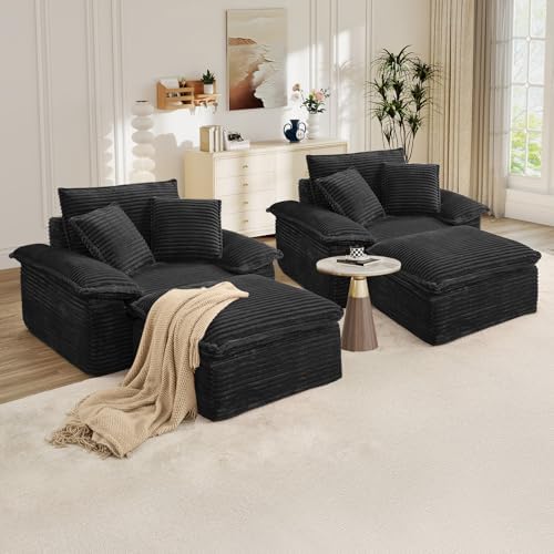 Oversized Chaise Lounge Chair Indoor with Ottoman, Upholstered Corduroy Moder...