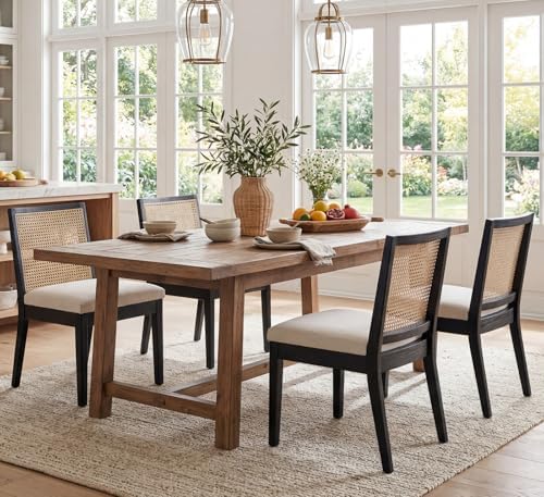 HNY Farmhouse Rattan Dining Chairs Set of 4, Black Solid Hardwood Frame, Upho...