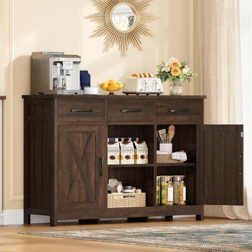 TEENFON Coffee Bar Cabinet with 3 Drawers, Farmhouse Buffet Cabinet