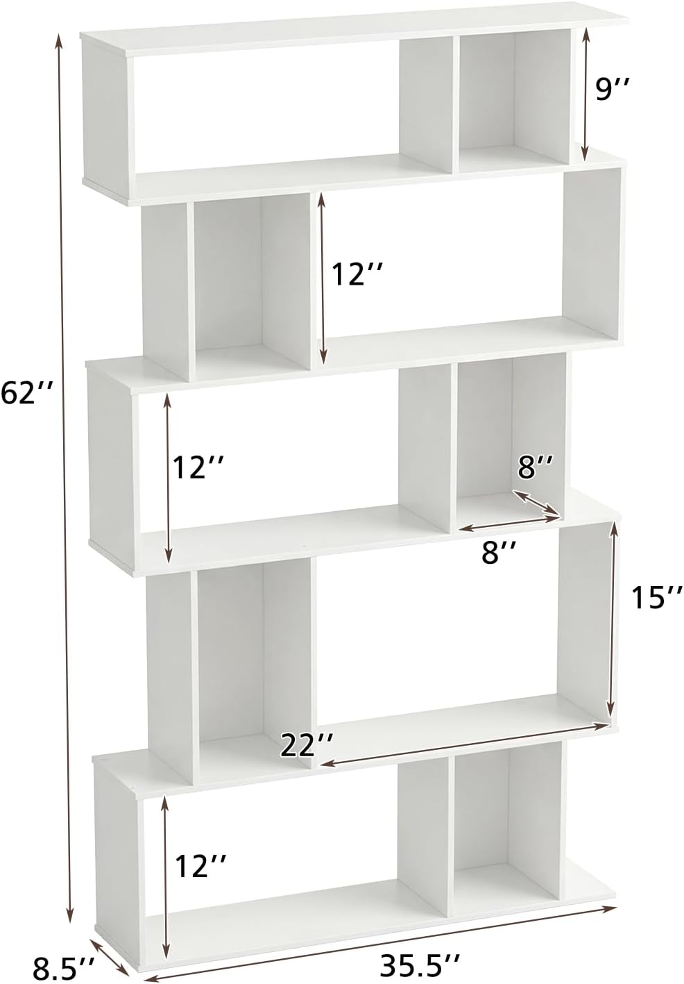 5-Tier Geometric Bookshelf w/Anti-tip Kit & 5 Closed-Back Cubbies