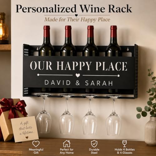 Personalized Wine Rack Wall Mounted with Glass Holder, Custom Name Wine Bottl...