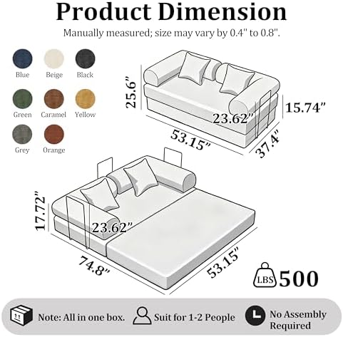53.15'' Convertible Compressed Corduroy Folding Cloud Sofa Bed, Moder...