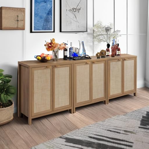 SICOTAS Sideboard Buffet Cabinet with Storage, Rattan Coffee Bar Cabinet
