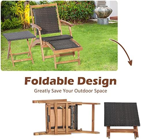 Tangkula Patio Lounge Chair and Side Table Set, Acacia Wood Wicker Folding Ta...
