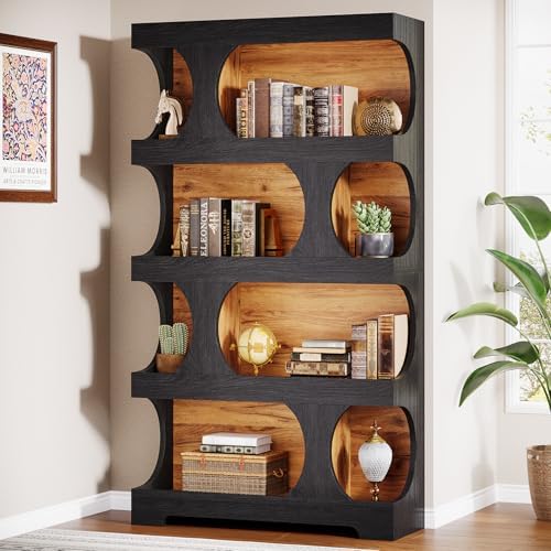 Tribesigns 71" Tall Black Bookcase, Modern Asymmetrical Bookshelf, 4-Tie...