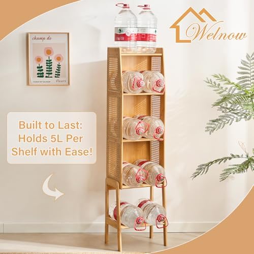 Welnow Bamboo Rattan Bookcase with Cabinet, 3-Tier Storage Shelf with Side Ta...